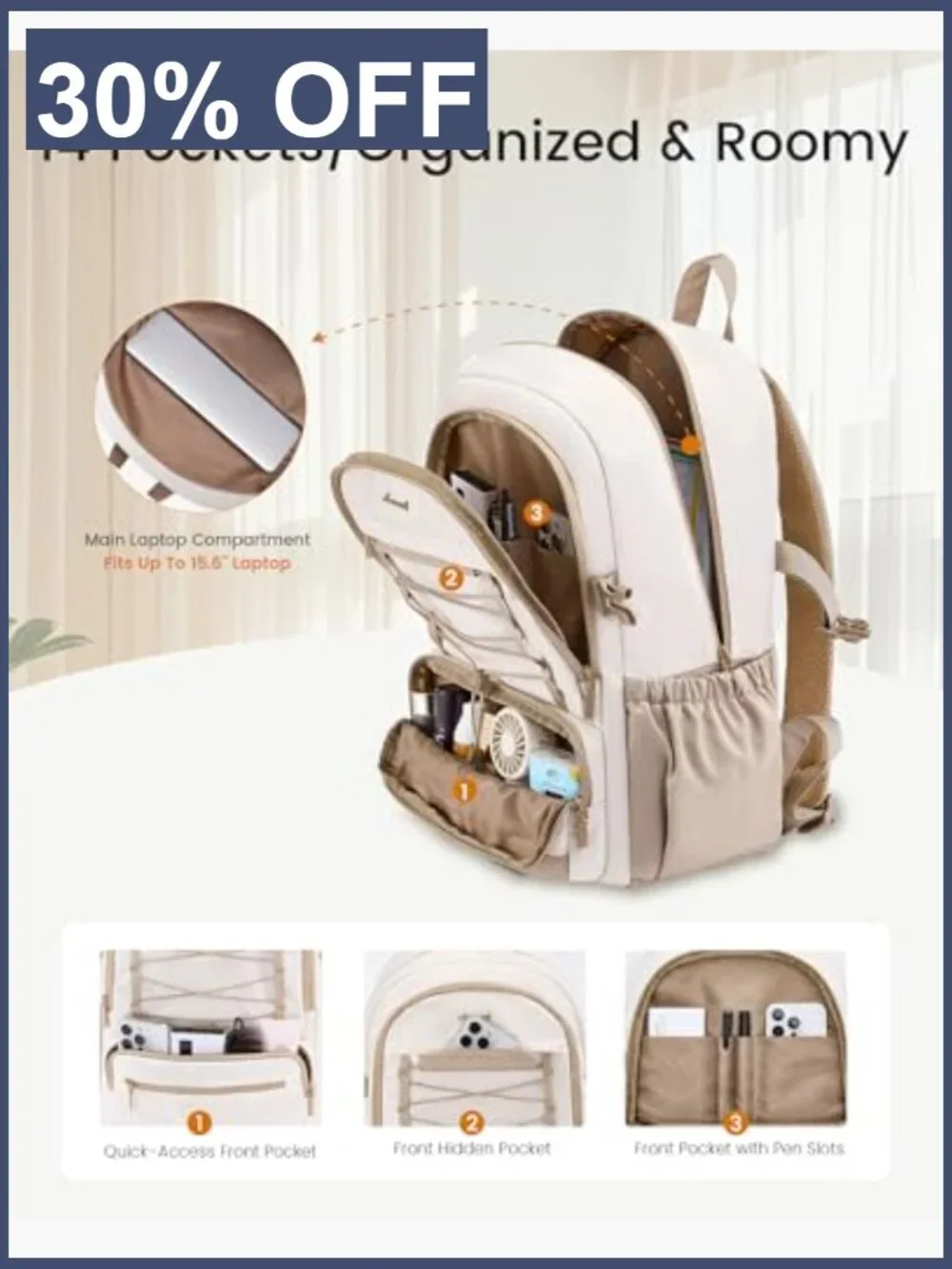 Large Capacity Laptop Backpack with Water Bottle Holder, Lightweight Casual